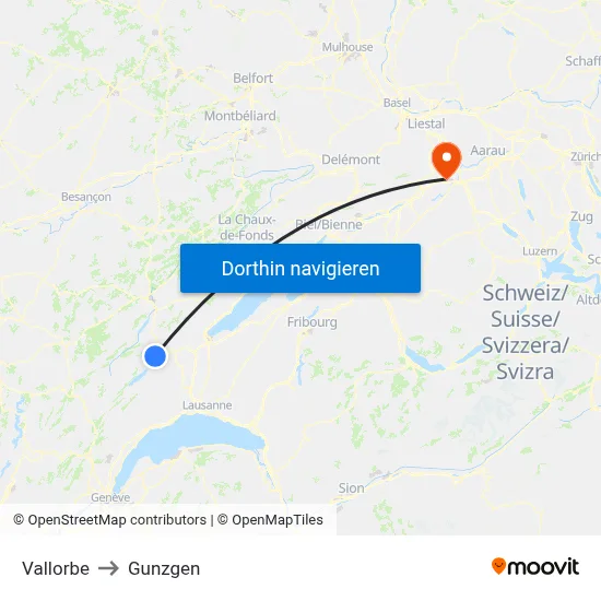 Vallorbe to Gunzgen map