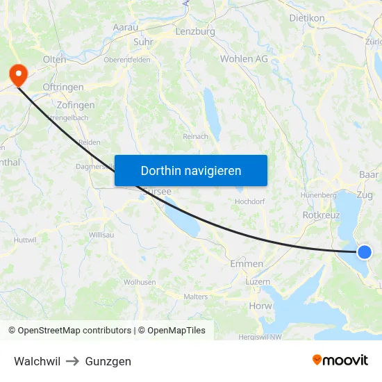 Walchwil to Gunzgen map