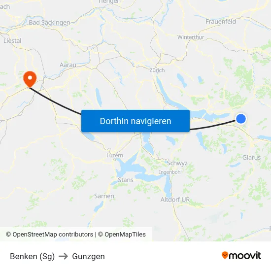 Benken (Sg) to Gunzgen map