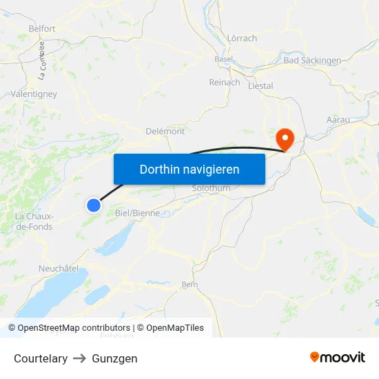 Courtelary to Gunzgen map