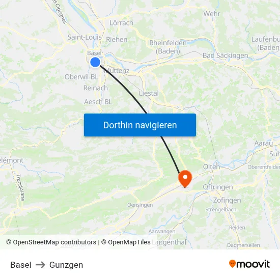 Basel to Gunzgen map
