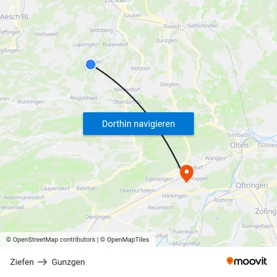 Ziefen to Gunzgen map
