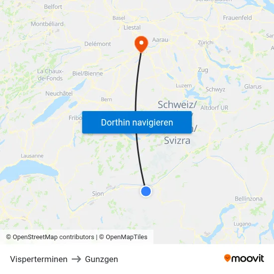 Visperterminen to Gunzgen map