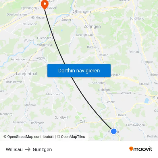 Willisau to Gunzgen map