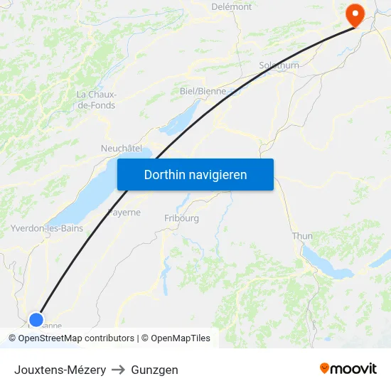 Jouxtens-Mézery to Gunzgen map