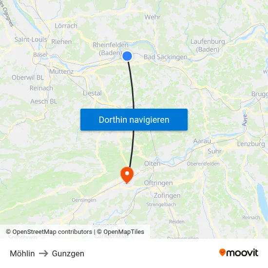 Möhlin to Gunzgen map
