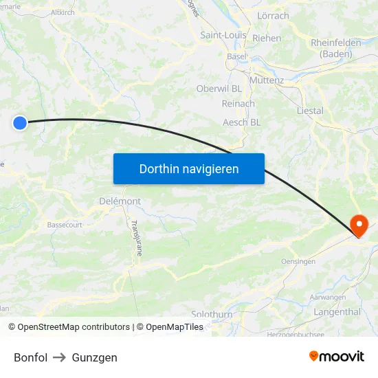 Bonfol to Gunzgen map