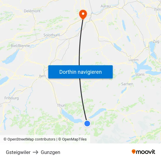 Gsteigwiler to Gunzgen map