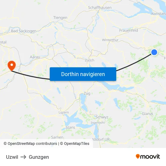 Uzwil to Gunzgen map