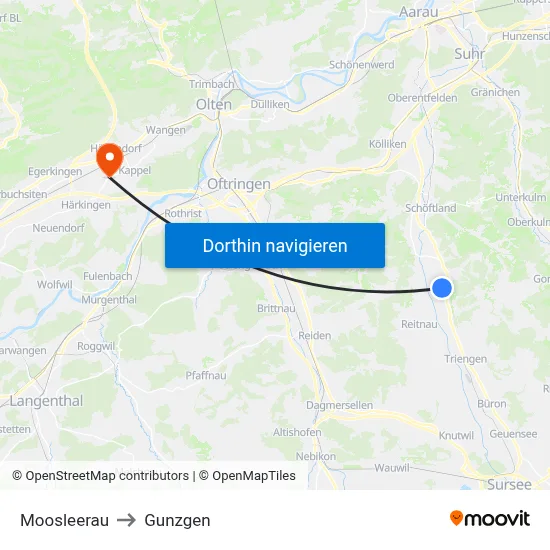 Moosleerau to Gunzgen map
