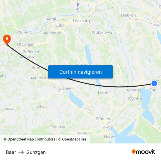Baar to Gunzgen map