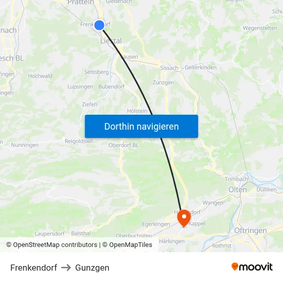 Frenkendorf to Gunzgen map