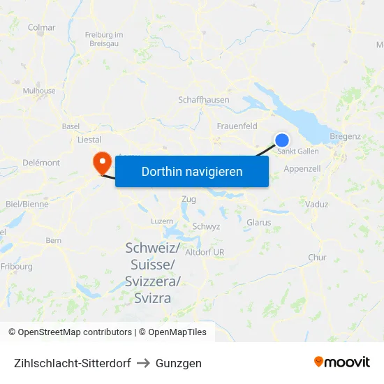 Zihlschlacht-Sitterdorf to Gunzgen map