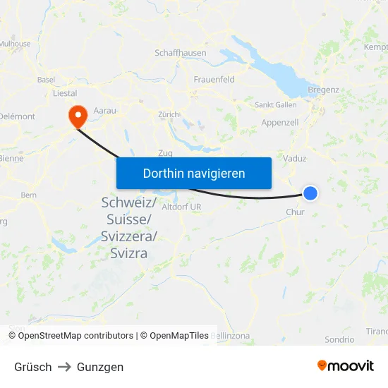 Grüsch to Gunzgen map
