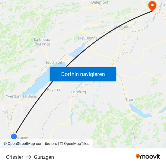 Crissier to Gunzgen map