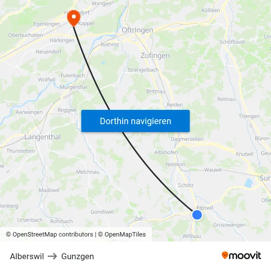 Alberswil to Gunzgen map