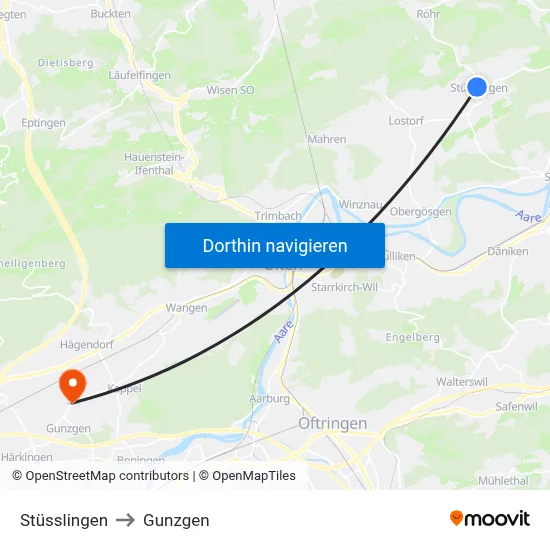Stüsslingen to Gunzgen map