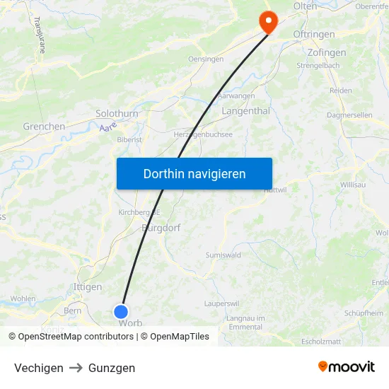 Vechigen to Gunzgen map