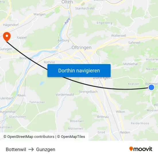 Bottenwil to Gunzgen map