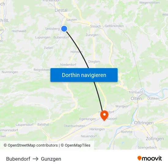 Bubendorf to Gunzgen map