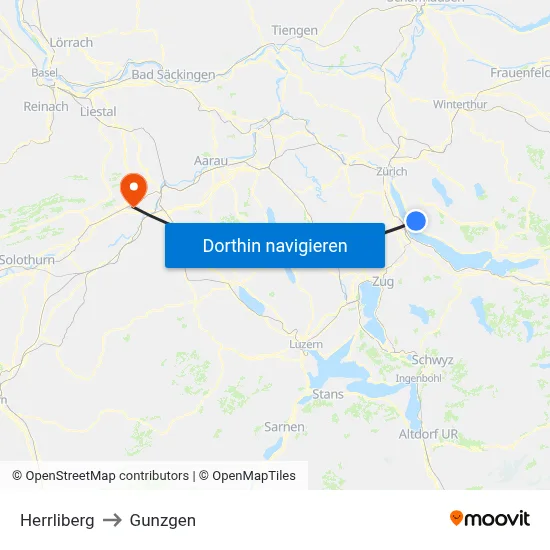 Herrliberg to Gunzgen map