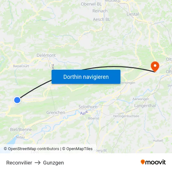 Reconvilier to Gunzgen map