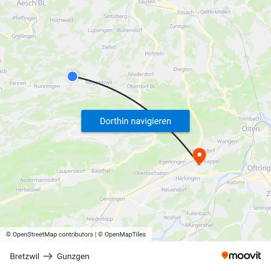 Bretzwil to Gunzgen map