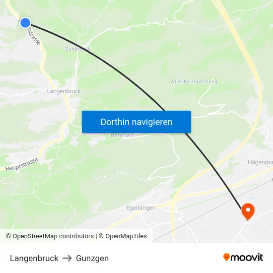Langenbruck to Gunzgen map