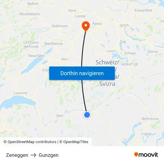 Zeneggen to Gunzgen map