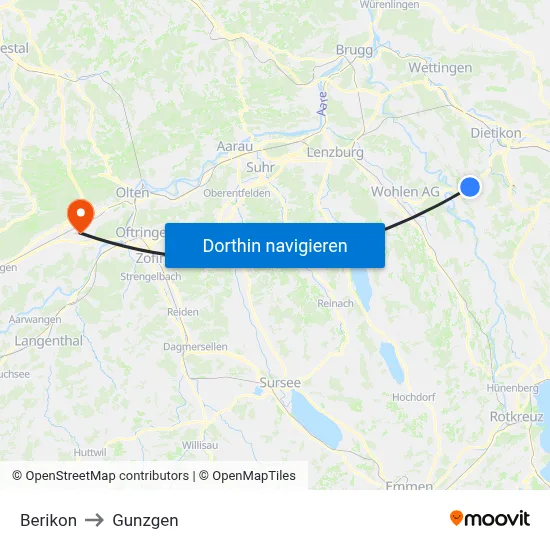Berikon to Gunzgen map