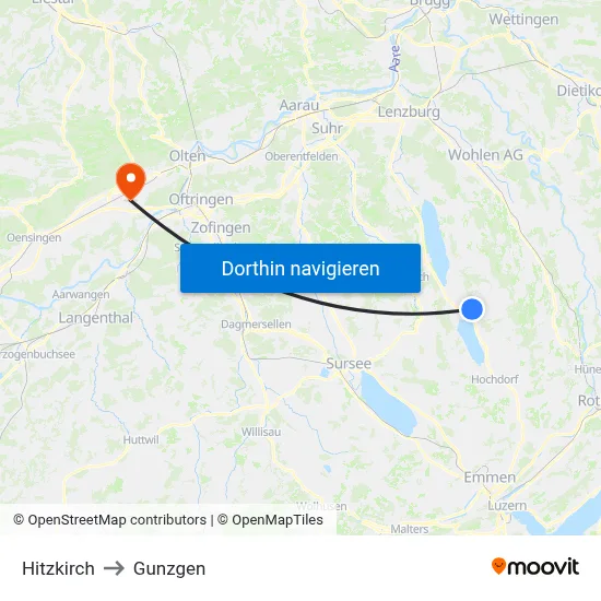 Hitzkirch to Gunzgen map
