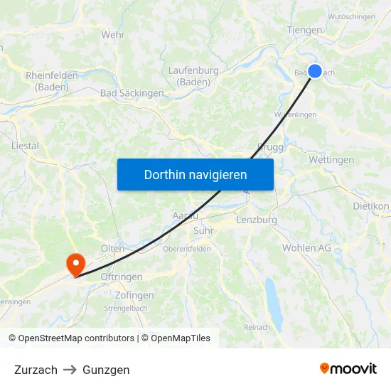 Zurzach to Gunzgen map