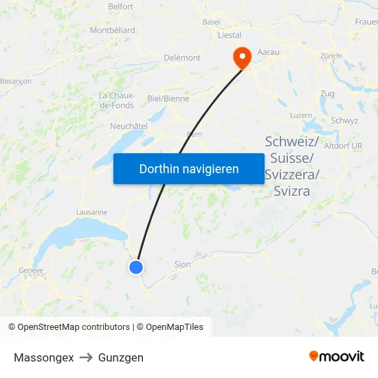 Massongex to Gunzgen map