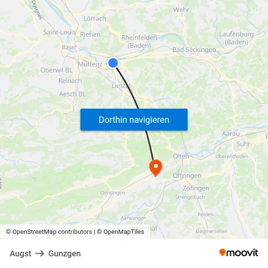 Augst to Gunzgen map