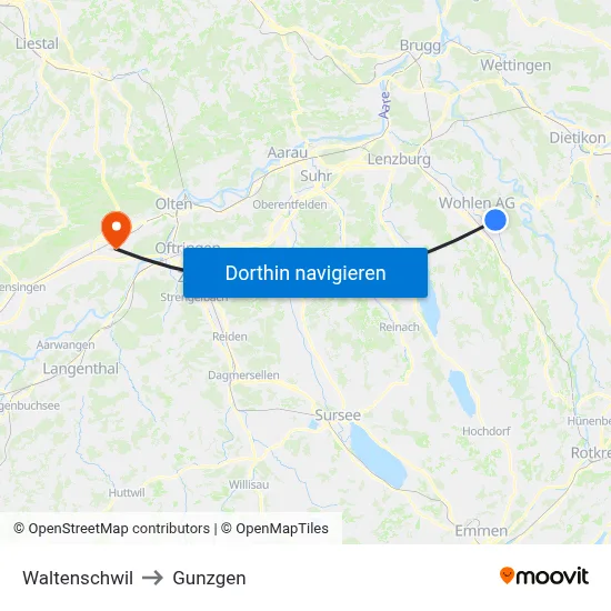 Waltenschwil to Gunzgen map