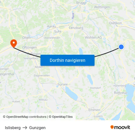 Islisberg to Gunzgen map
