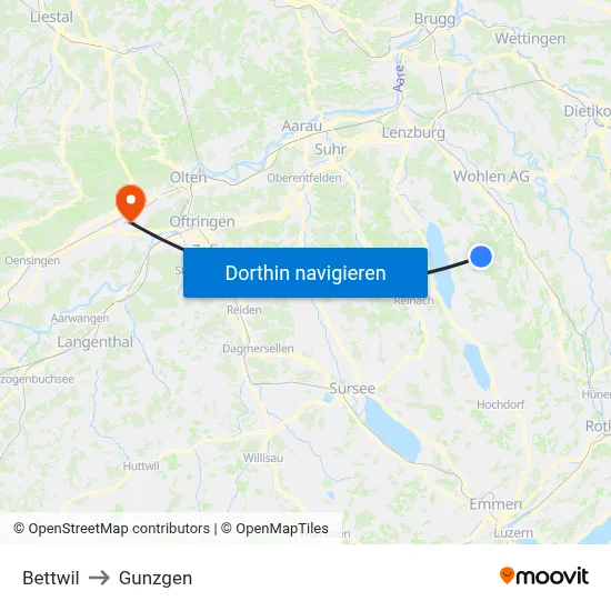 Bettwil to Gunzgen map