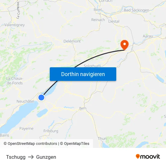 Tschugg to Gunzgen map