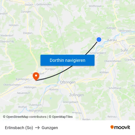 Erlinsbach (So) to Gunzgen map