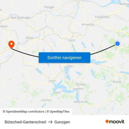 Bütschwil-Ganterschwil to Gunzgen map
