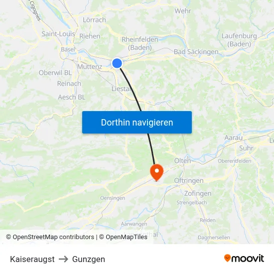 Kaiseraugst to Gunzgen map