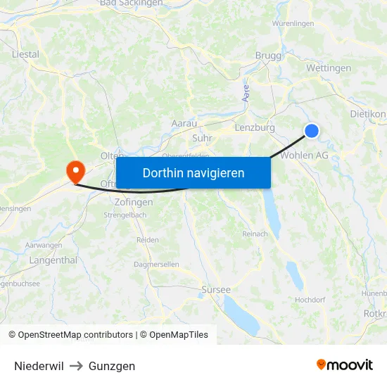 Niederwil to Gunzgen map