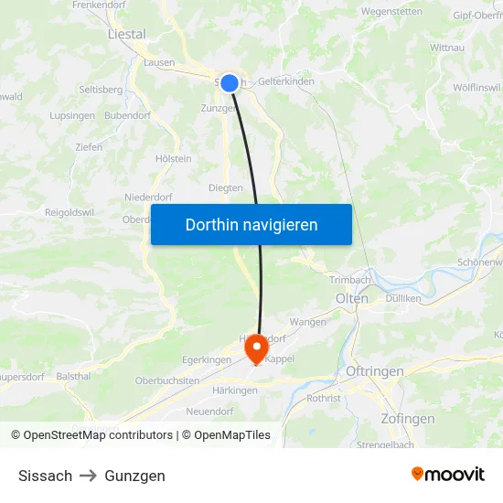 Sissach to Gunzgen map