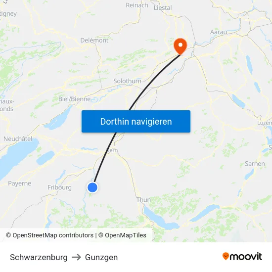 Schwarzenburg to Gunzgen map