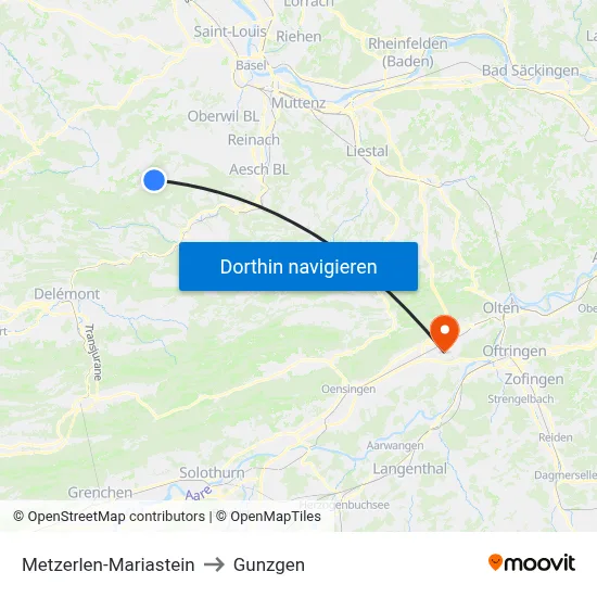 Metzerlen-Mariastein to Gunzgen map