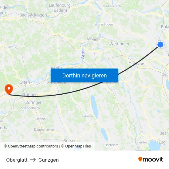 Oberglatt to Gunzgen map