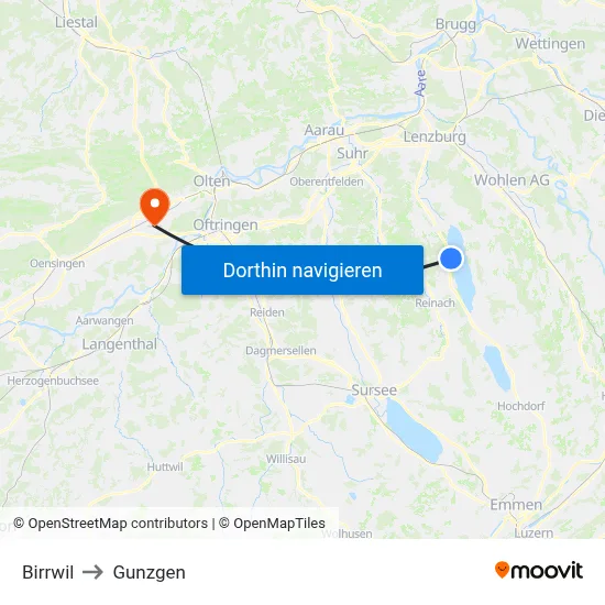 Birrwil to Gunzgen map