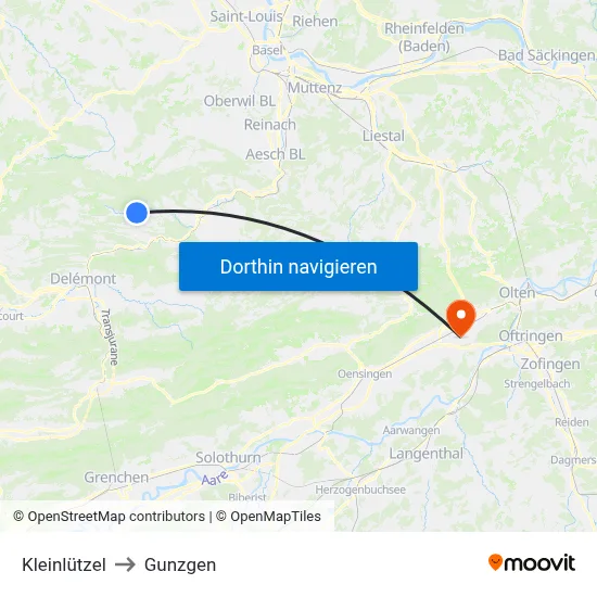 Kleinlützel to Gunzgen map