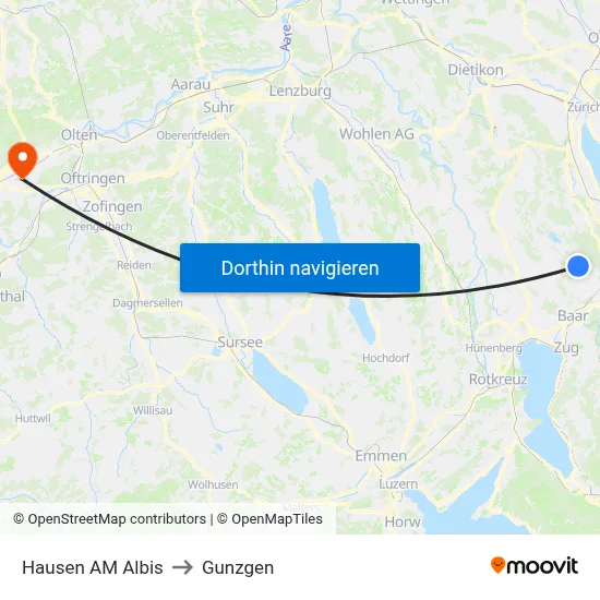 Hausen AM Albis to Gunzgen map
