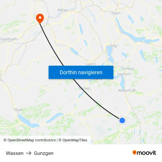 Wassen to Gunzgen map